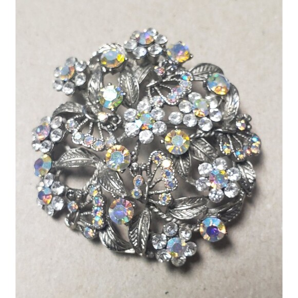 Vintage 1950's Flower Filigree AB Crystal Rhinestone Silver Tone 2" Brooch - Picture 5 of 14